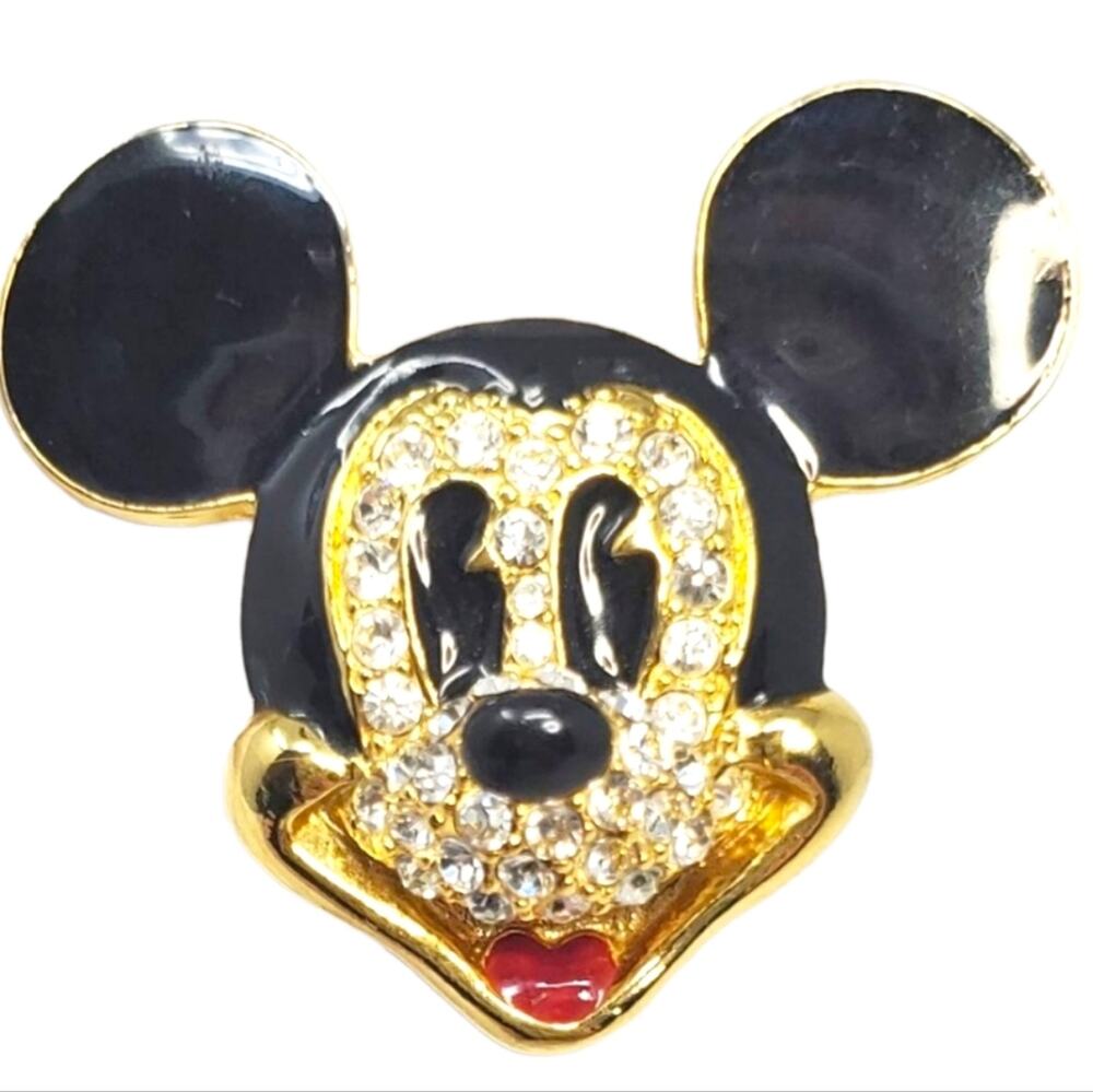 Disney Mickey Mouse VTG Black Enamel & White Rhinestone Brooch